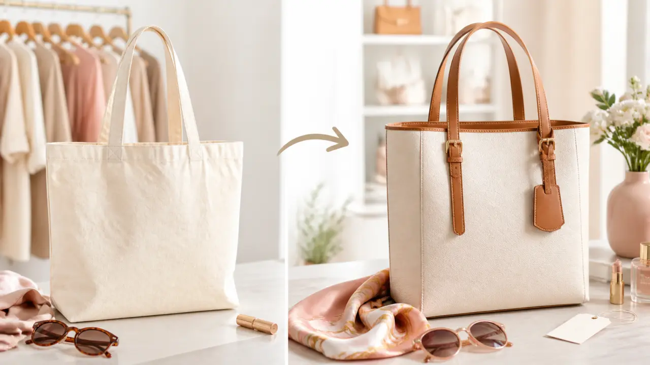 Avant et après d'un tote bag simple transformé en cabas chic soldé